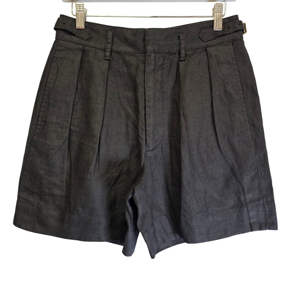 Buck Mason 100% Linen Pleated Shorts Women 26 Black High Waist Coastal Classic
